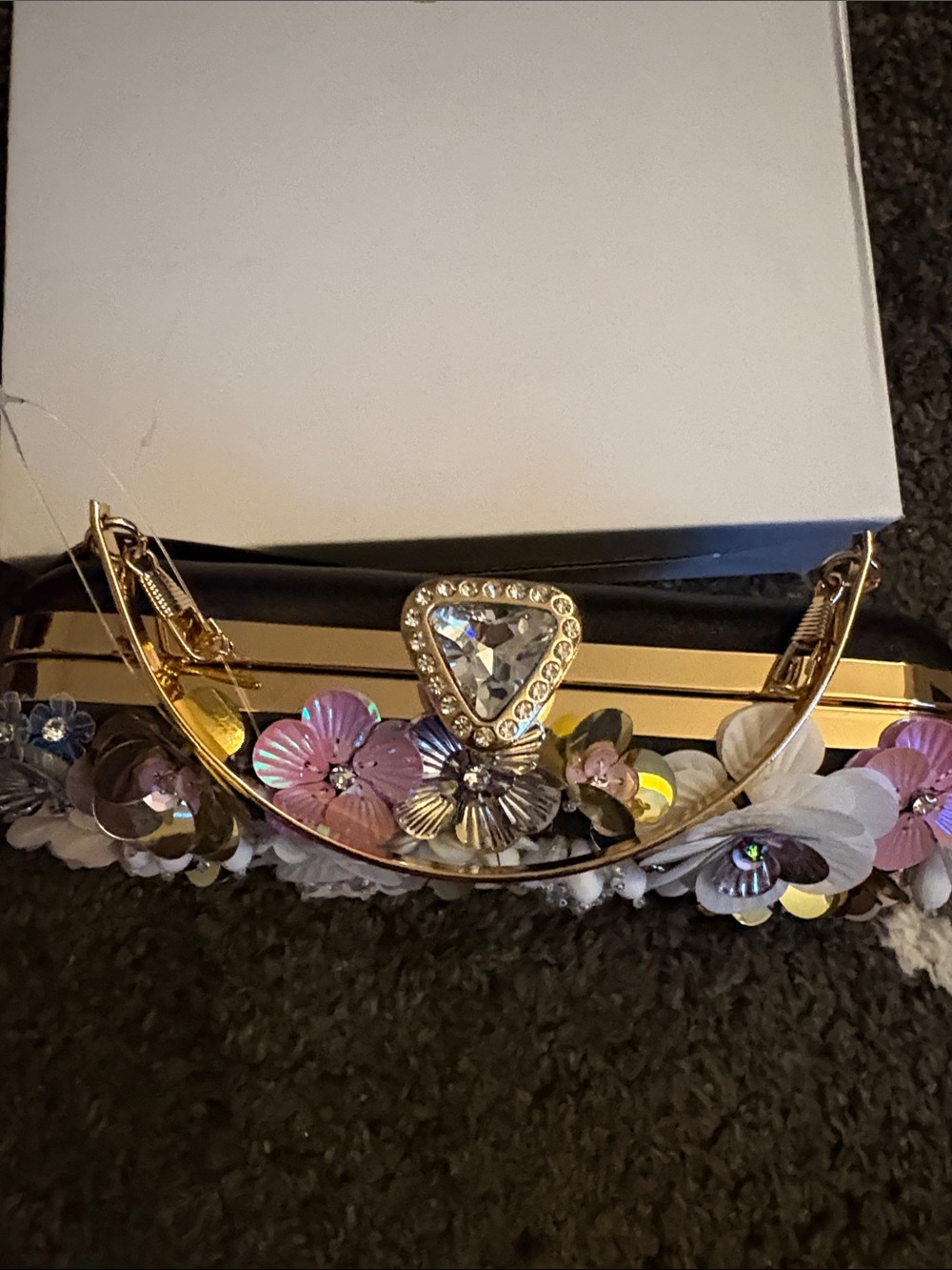 NEW BEBE  Multicolor Floral Sequin Embellished Evening Clutch with Gold Handle - Picture 8 of 14